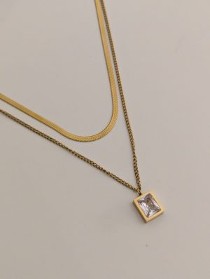 Layered Herringbone & white Square Necklace