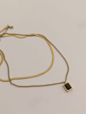 Layered Herringbone & emerald Square Necklace